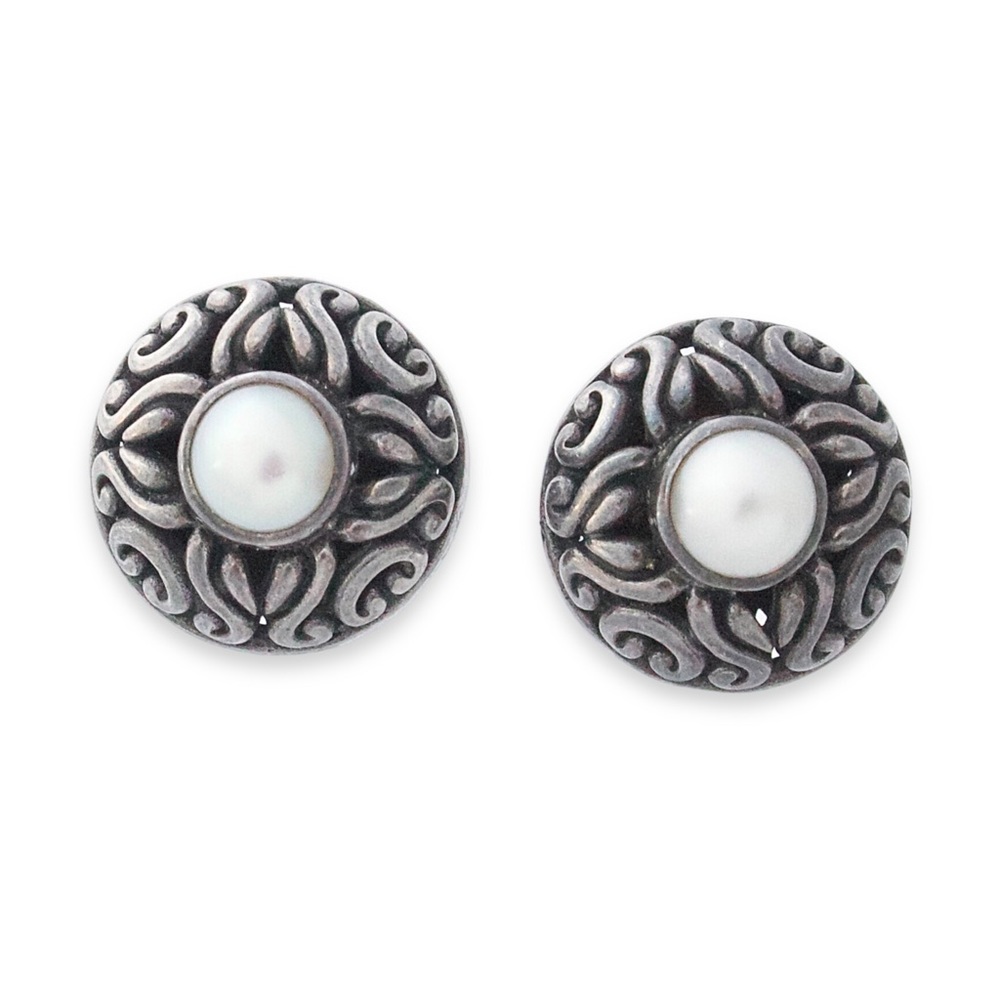 Vintage Genuine Pearl Sterling Silver Dome Stud Earrings Ornate Filigree Studs